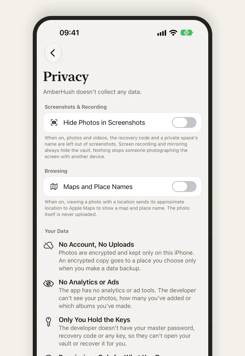 AmberHush privacy settings with Hide in Screenshots turned on