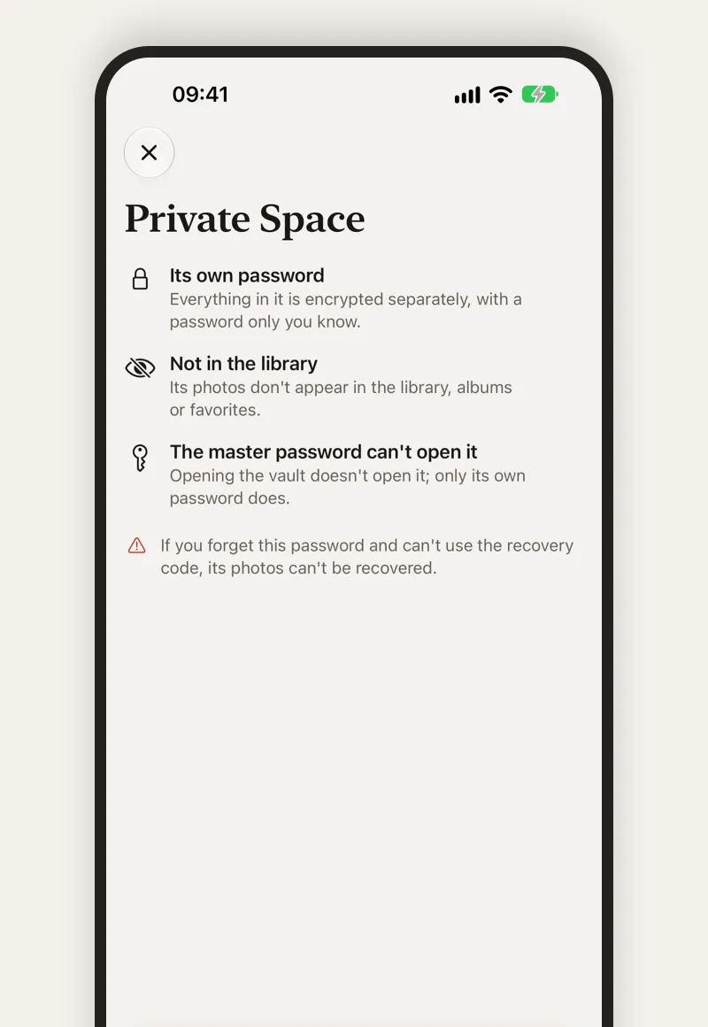 AmberHush explaining a private space: its own password, not in the library, and the master password can’t open it